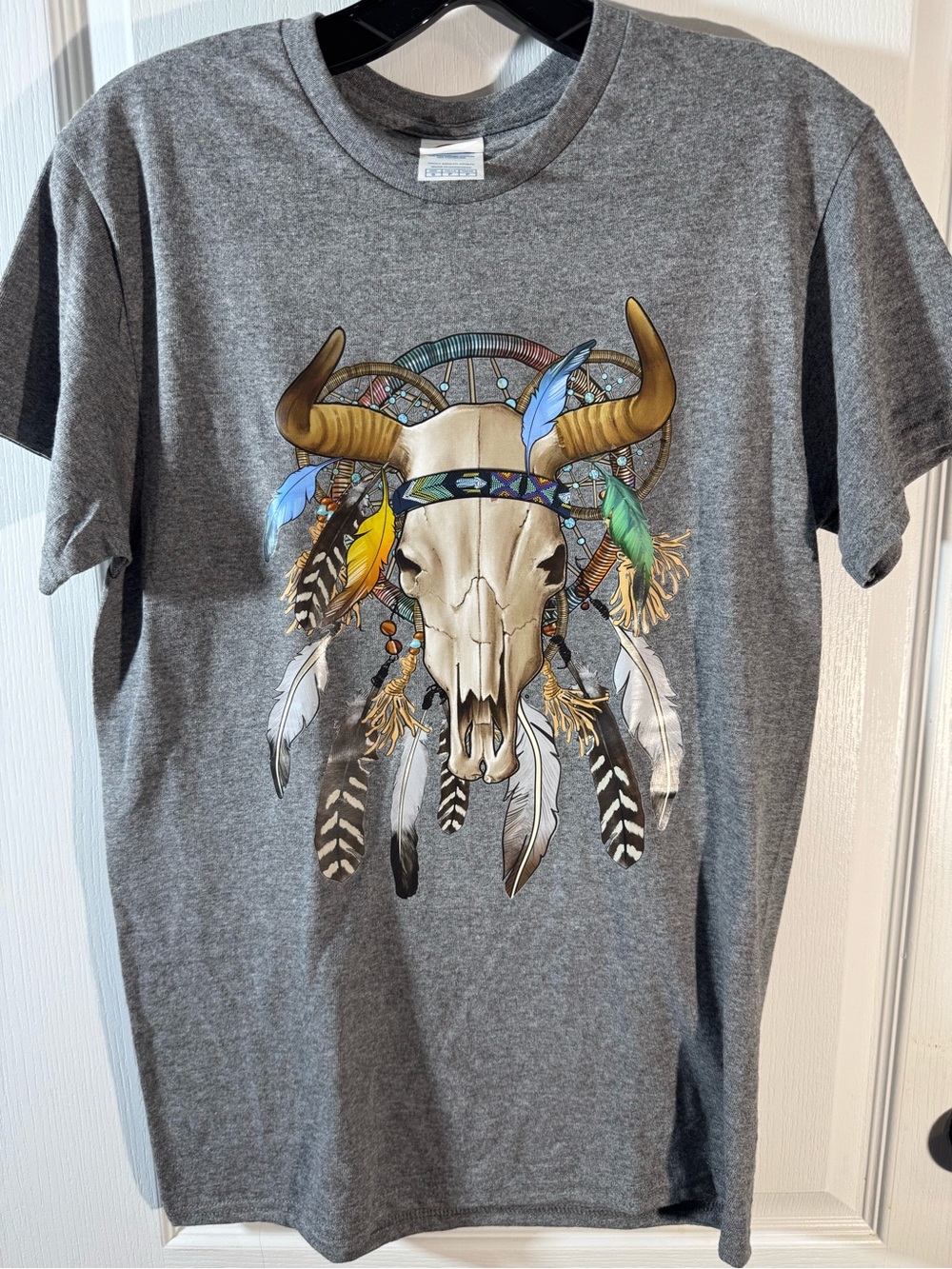 Western Skull & Feathers Graphic Tee - Gray with Multicolor Accents
